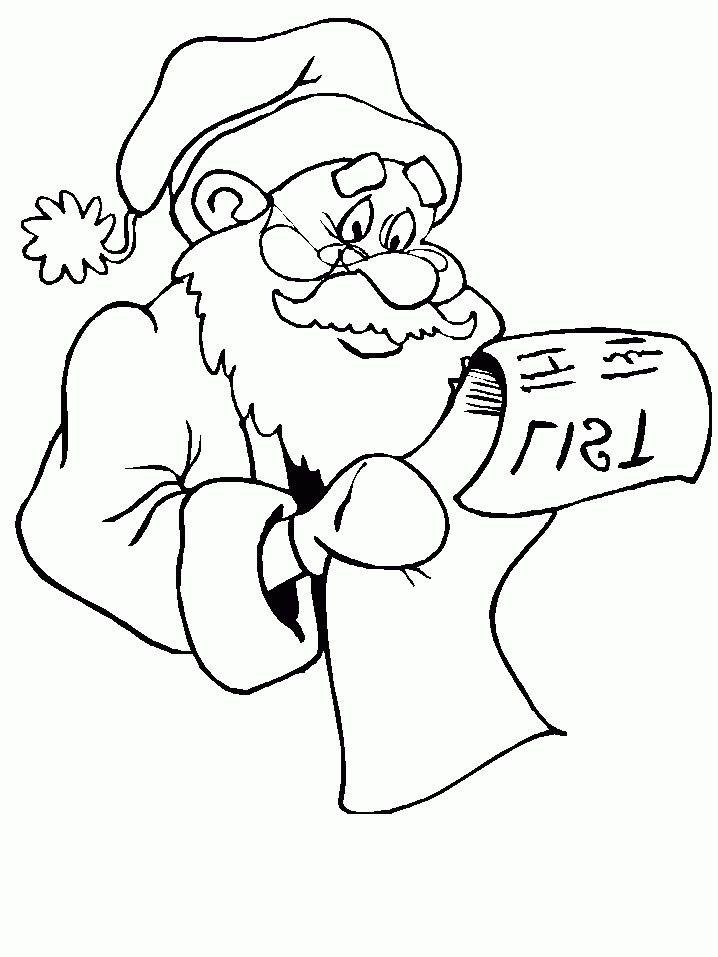 Święty Mikołaj sprawdza listę prezentów kolorowanka do druku
